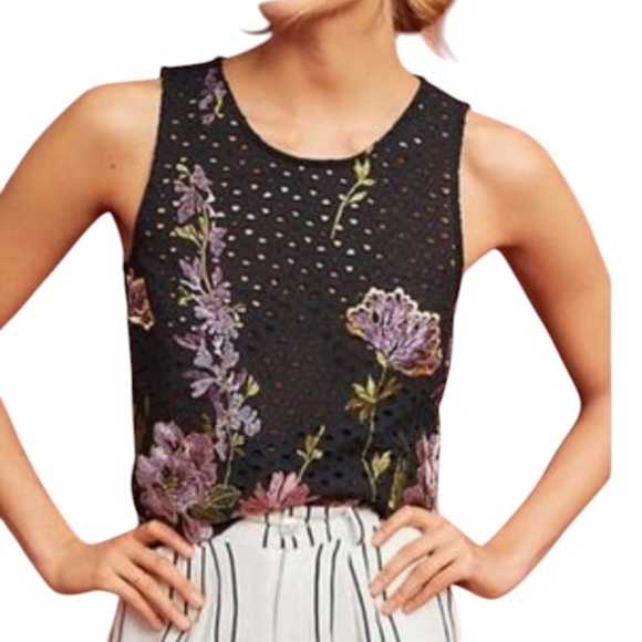 Anthropologie Tops - Anthropologie Meadow Rue Black Embroidered Floral Eyelet Sleeveless top Size XS